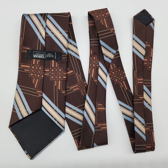 Montgomery Ward Necktie Stripe Geometric Brown Blue 4.25" W 56.5" L VTG Retro - Picture 4 of 5